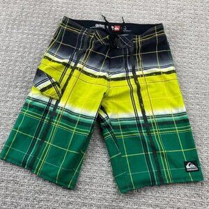 QUIKSILVER Swim Trunks Men 30 Gray Yellow Green Plaid Bathing Suit Board Shorts